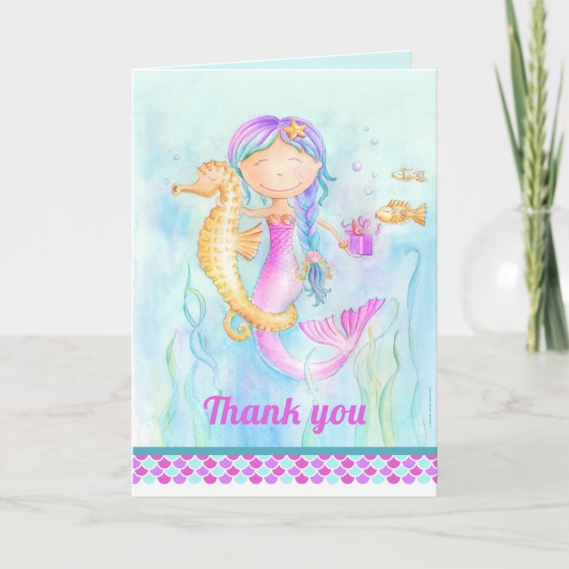 Mermaid and seahorse whimsy watercolor thank you card (Front)