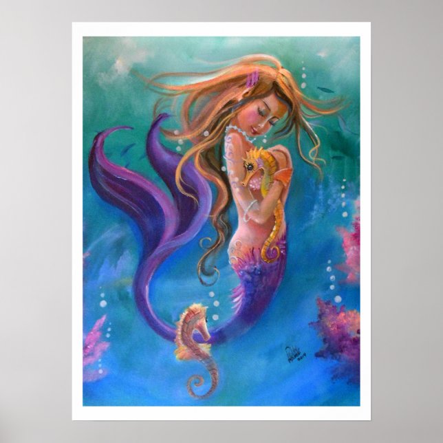 Mermaid and Seahorses, Colourful Poster (Front)