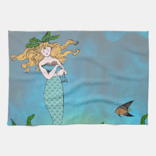 Mermaid and seal tea towel