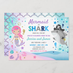 Mermaid And Shark Birthday Invitation Pool Party