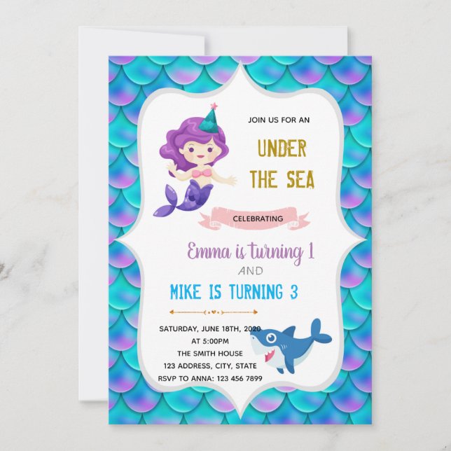 Mermaid and shark birthday theme invitation (Front)