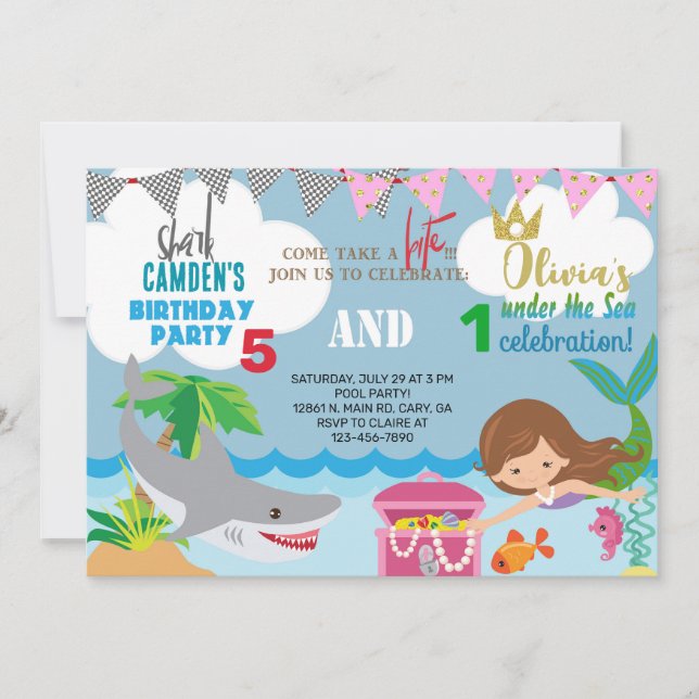 Mermaid and shark siblings invitation. invitation (Front)
