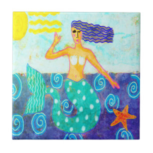 Mermaid and Starfish Abstract Painting Tile