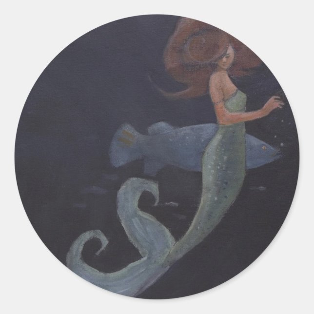 Mermaid and the Blue Fish Classic Round Sticker (Front)