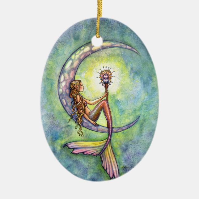 Mermaid and the Moon Fantasy Art Remembrance Ceramic Tree Decoration (Front)