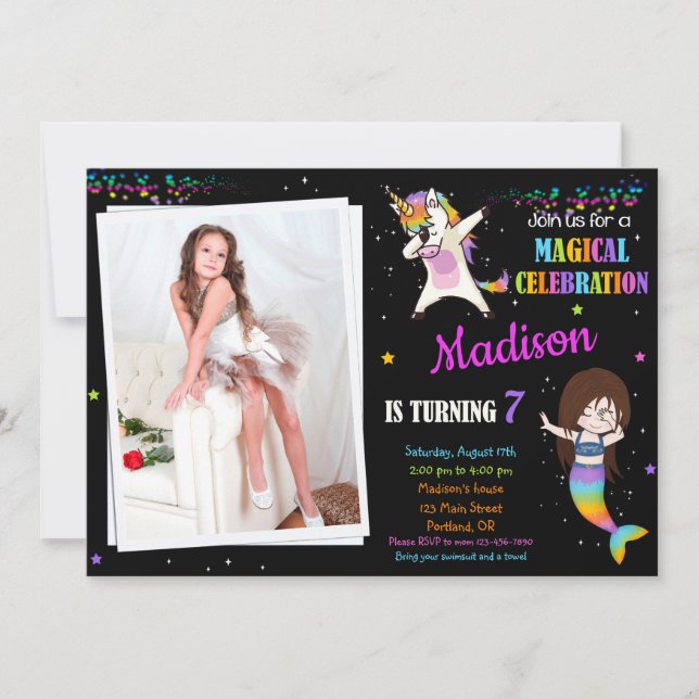 Mermaid and Unicorn birthday invitation Dabbing (Front)