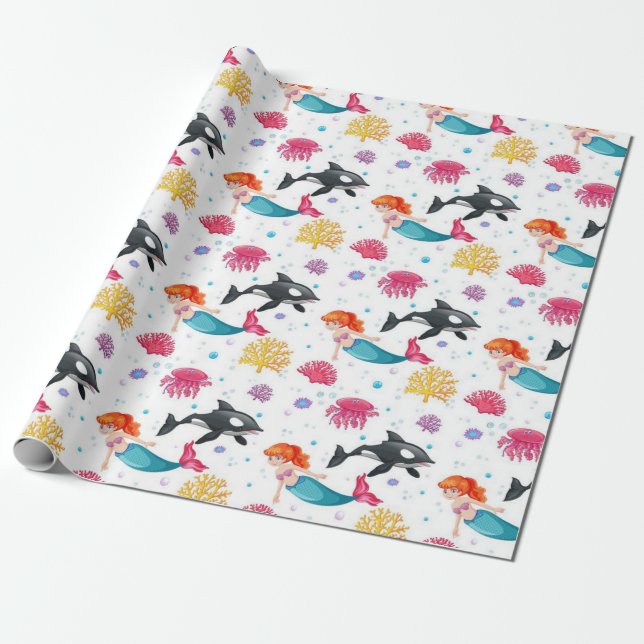 Mermaid And Whales Pattern Wrapping Paper (Unrolled)