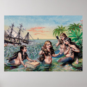 Mermaid Antique Magic Nautical Ocean Poster