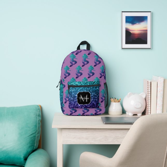 Mermaid aqua blue ombre Sparkles lavender Monogram Printed Backpack (Insitu)