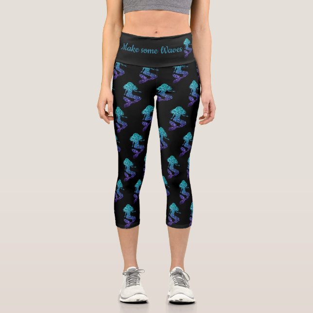 Mermaid aqua blue ombre Sparkles Make some Waves Capri Leggings (Front)