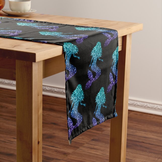 Mermaid aqua blue ombre Sparkles pattern black Short Table Runner (In Situ)