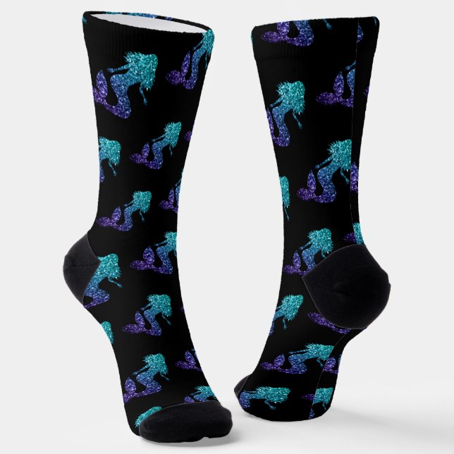 Mermaid aqua blue ombre Sparkles pattern black Socks (Angled)