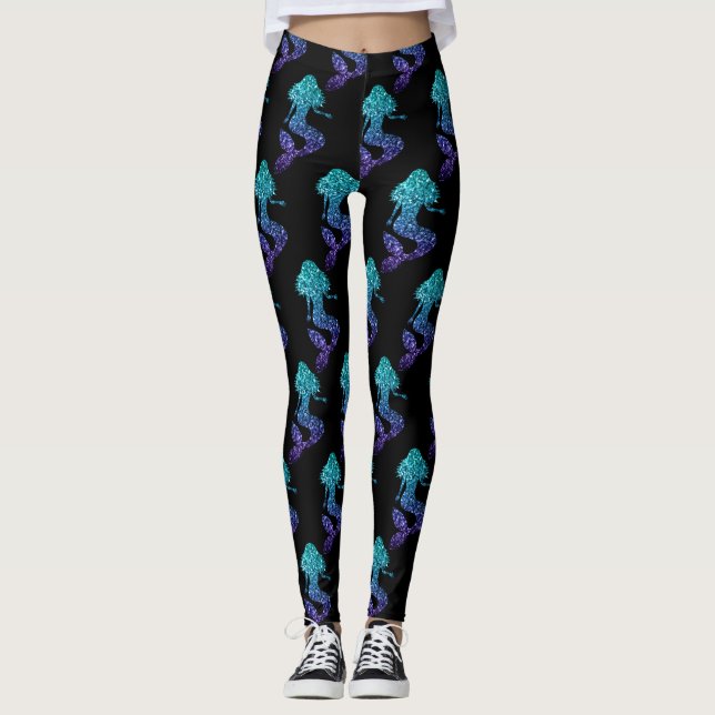Mermaid aqua blue ombre Sparkles pattern Leggings (Front)