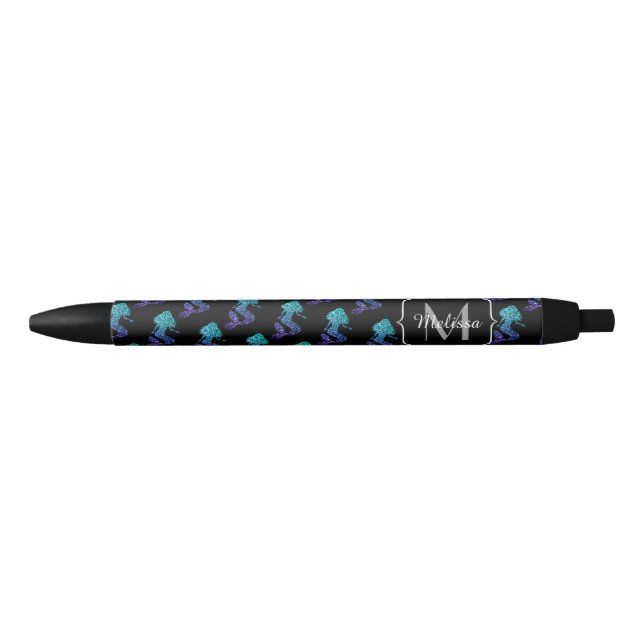 Mermaid aqua blue ombre Sparkles pattern Monogram Black Ink Pen (Front)