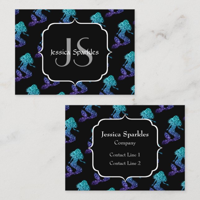 Mermaid aqua blue ombre Sparkles pattern Monogram Business Card (Front/Back)