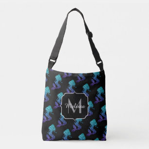 Mermaid aqua blue ombre Sparkles pattern Monogram Crossbody Bag
