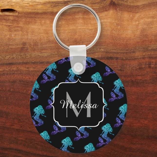 Mermaid aqua blue ombre Sparkles pattern Monogram Key Ring (Front)