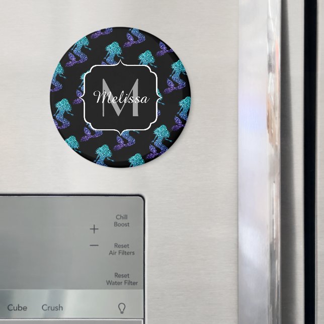 Mermaid aqua blue ombre Sparkles pattern Monogram Magnet (In Situ (Fridge))