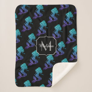 Mermaid aqua blue ombre Sparkles pattern Monogram Sherpa Blanket
