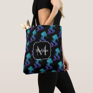 Mermaid aqua blue ombre Sparkles pattern Monogram Tote Bag