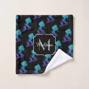 Mermaid aqua blue ombre Sparkles pattern Monogram Wash Cloth