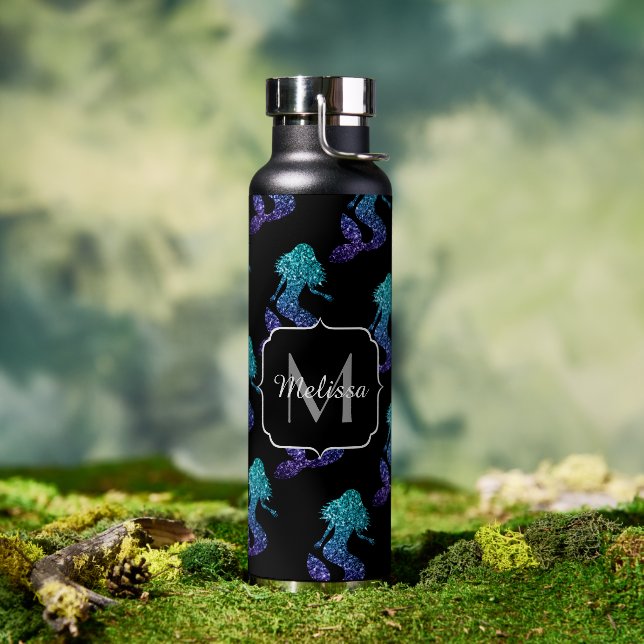 Mermaid aqua blue ombre Sparkles pattern Monogram Water Bottle (Outdoor)