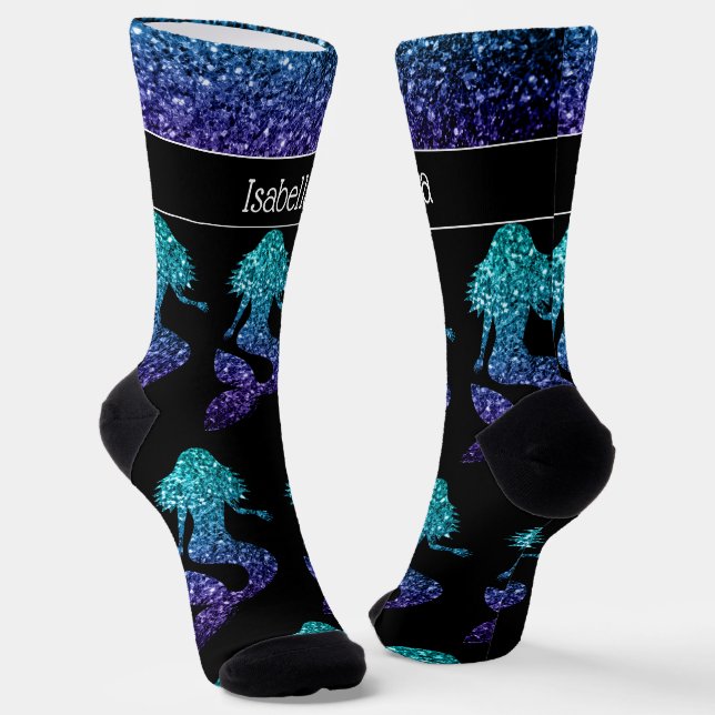 Mermaid aqua blue ombre Sparkles pattern Your name Socks (Angled)