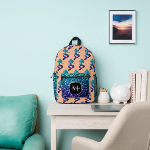 Mermaid aqua blue ombre Sparkles peach Monogram Printed Backpack