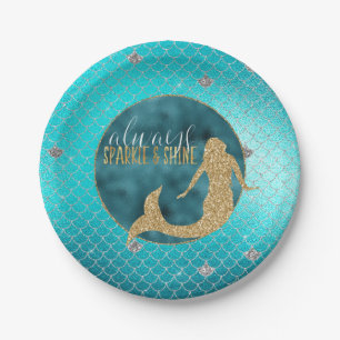 Mermaid Aqua Gold Silver Sparkle Glitter Paper Plate