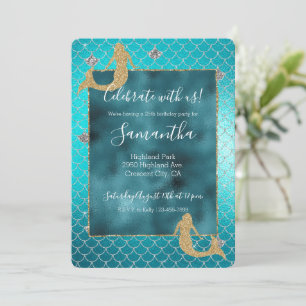 Mermaid Aqua Teal Gold Silver Sparkle Glitter Invitation