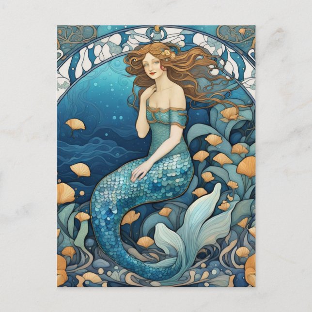 Mermaid Art Nouveau Aqua Blue Turquoise Art Deco Postcard (Front)