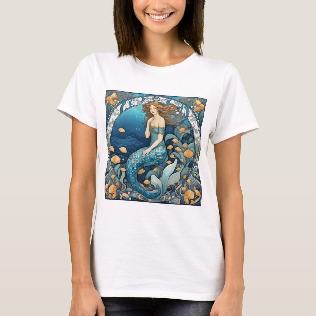 Mermaid Art Nouveau Aqua Blue Turquoise Art Deco T-Shirt (Front)