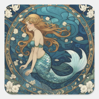 Mermaid Art Nouveau Art Deco Style Blue Square Sticker