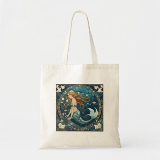 Mermaid Art Nouveau Art Deco Style Blue Tote Bag