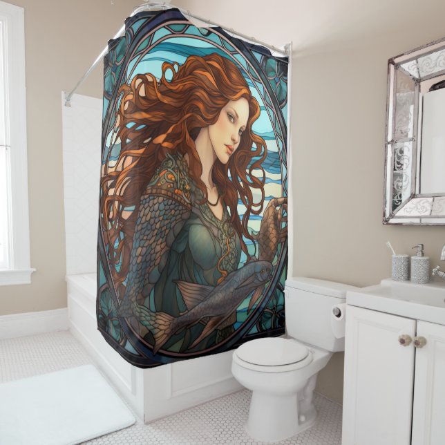 Mermaid Art Nouveau Style Shower Curtain (In Situ)