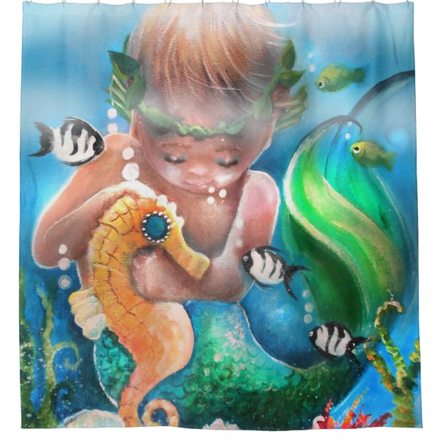 Mermaid baby and seahorse shower curtain (Front)