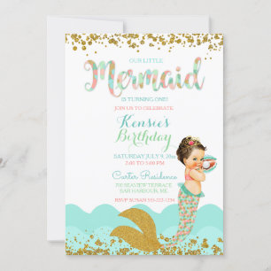 Mermaid Baby Girl Peach Coral Mint Gold Invitation