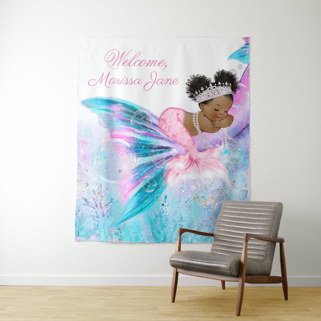 Mermaid Baby Shower Backdrop Afro Mermaid Banner Tapestry (In Situ)