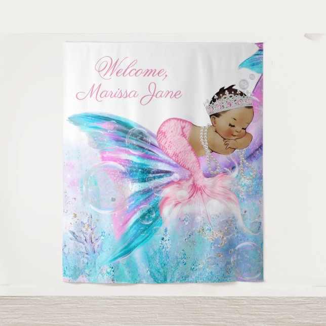Mermaid Baby Shower Backdrop Ethnic Mermaid Tapestry (Front)