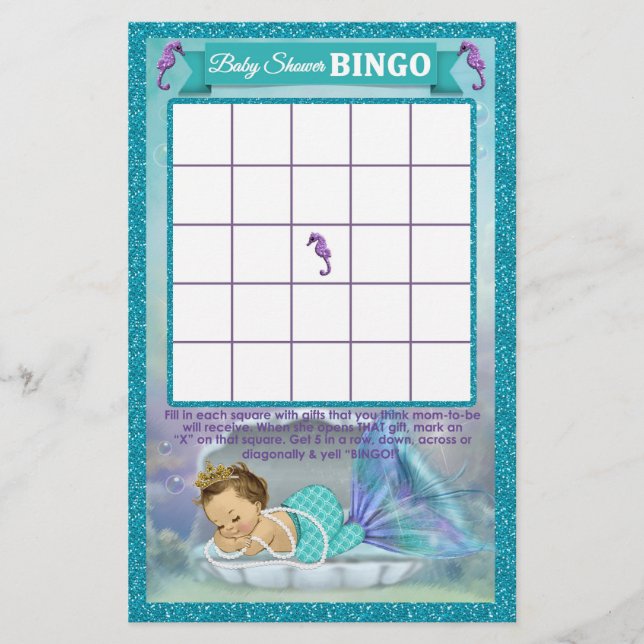 Mermaid Baby Shower Bingo Game Card #130 (Front)
