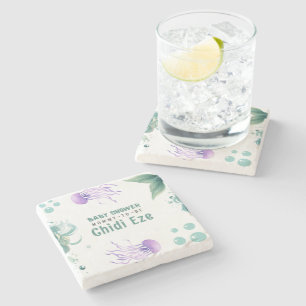 Mermaid Baby Shower Colorful Jellyfish Watercolor Stone Coaster