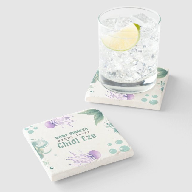 Mermaid Baby Shower Colourful Jellyfish Watercolor Stone Coaster (Side)