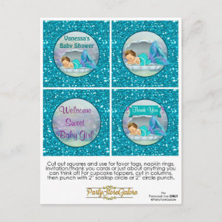 Mermaid Baby Shower Cupcake Topper Favour Tags 130 Postcard