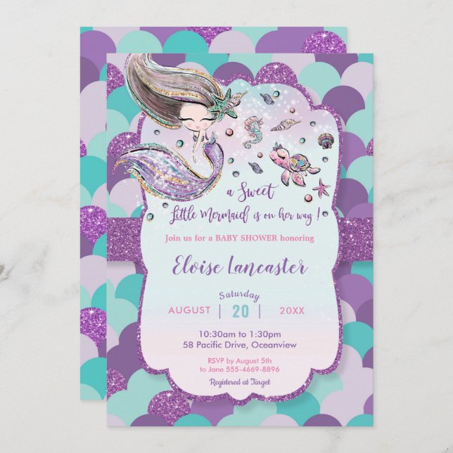 Mermaid Baby Shower Girl Under the Sea Purple Invitation (Front/Back)