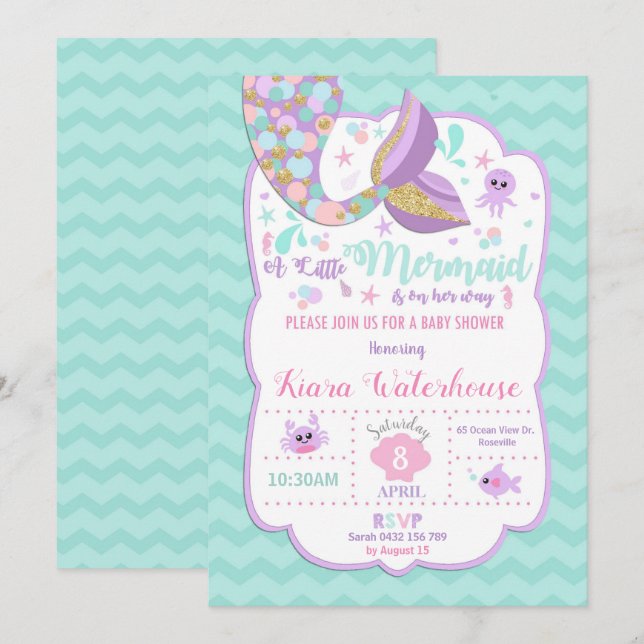 Mermaid Baby Shower Invitation Baby Girl Party (Front/Back)