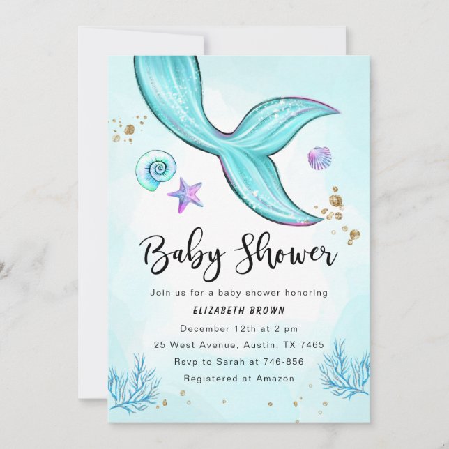 Mermaid Baby Shower Invitation Girl, Under the Sea (Front)