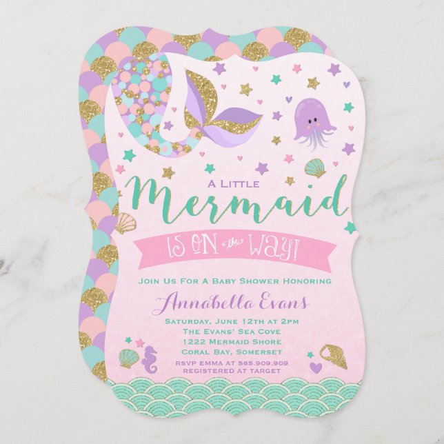 Mermaid Baby Shower Invitation Pink Purple Teal (Front/Back)