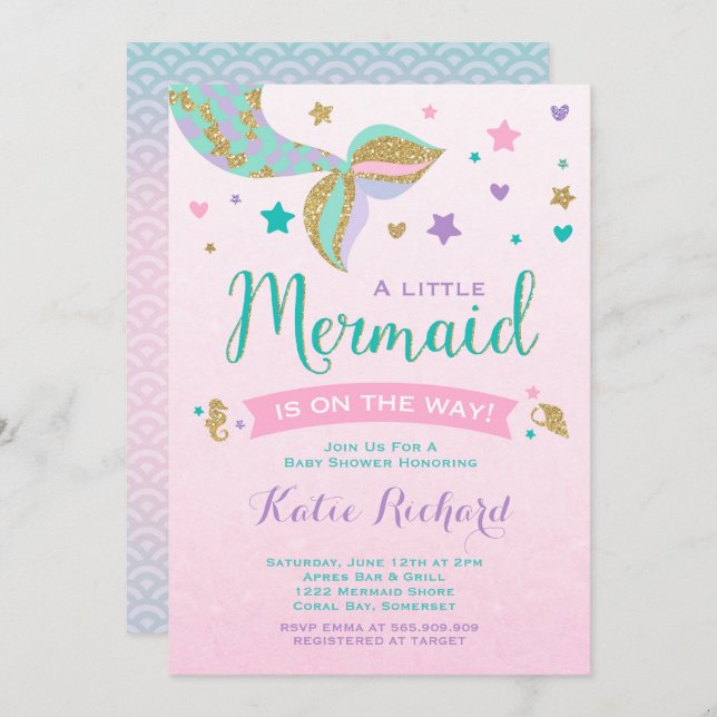 Mermaid Baby Shower Invitation Pink Teal Purple (Front/Back)