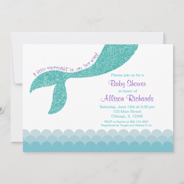 Mermaid baby shower invitation, teal aqua purple invitation (Front)