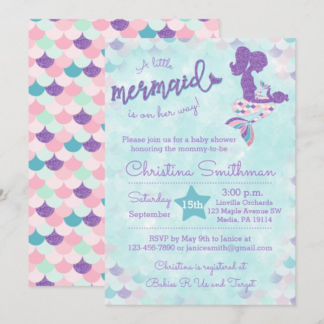Mermaid Baby Shower Invitations for a Baby Girl (Front/Back)